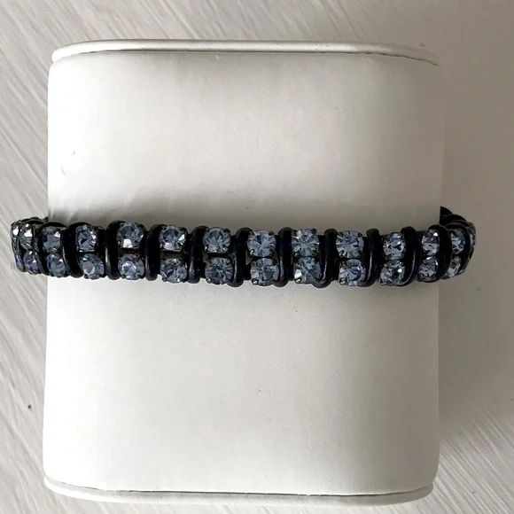 Fossil Sky Blue Crystal Rhinestone Leather Wrapped Bracelet Bohemian Sparkle - Picture 3 of 16